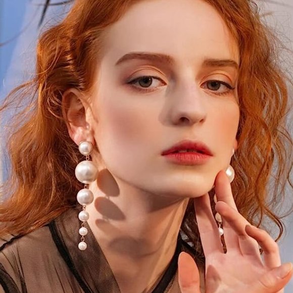 Long Pearl Gold Link Dangle Earrings Faux Statement Big White Pearls Classic New - Picture 2 of 5